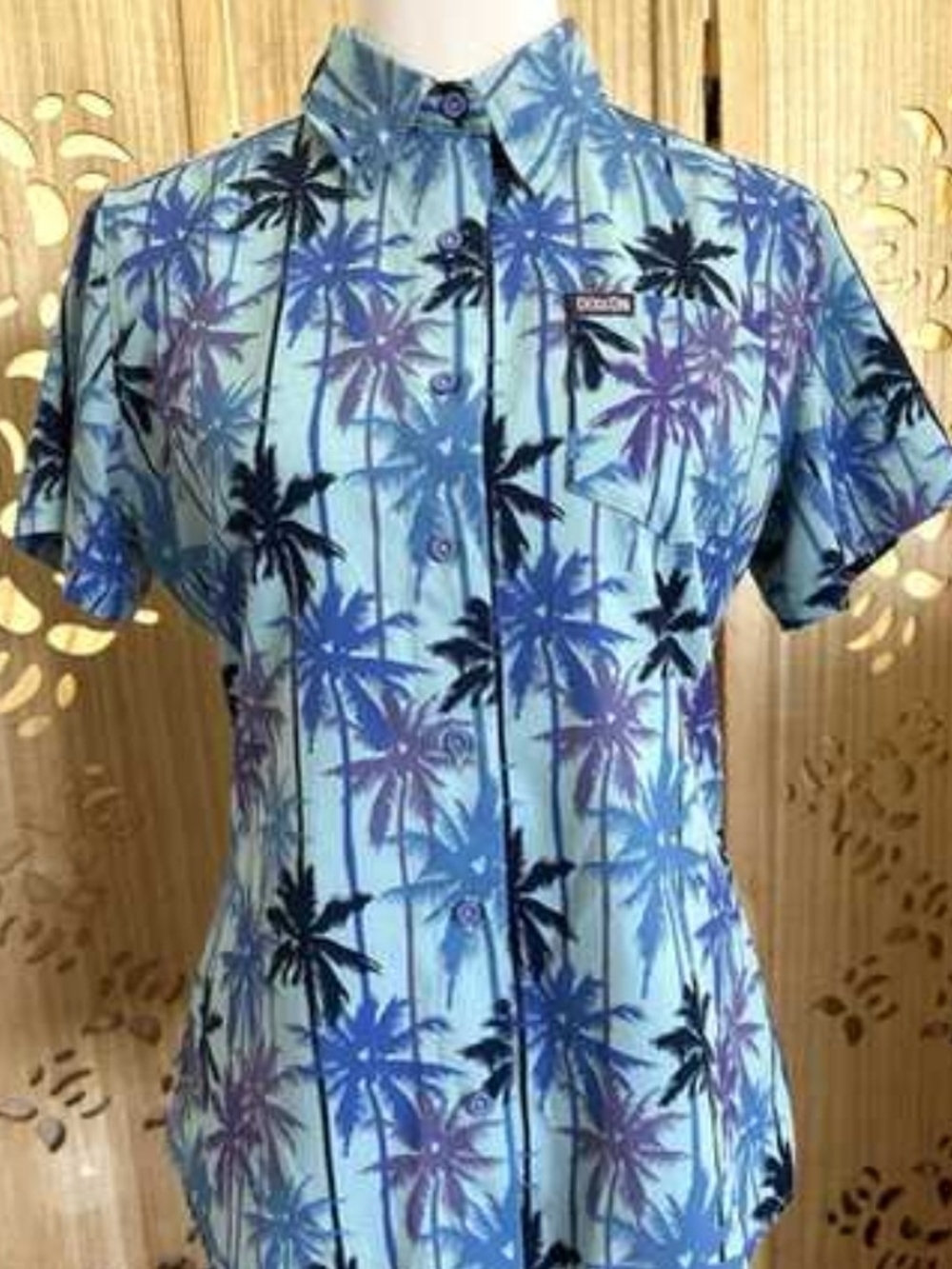 Dixxon Blue Palm-Print Women's Button-Up Top